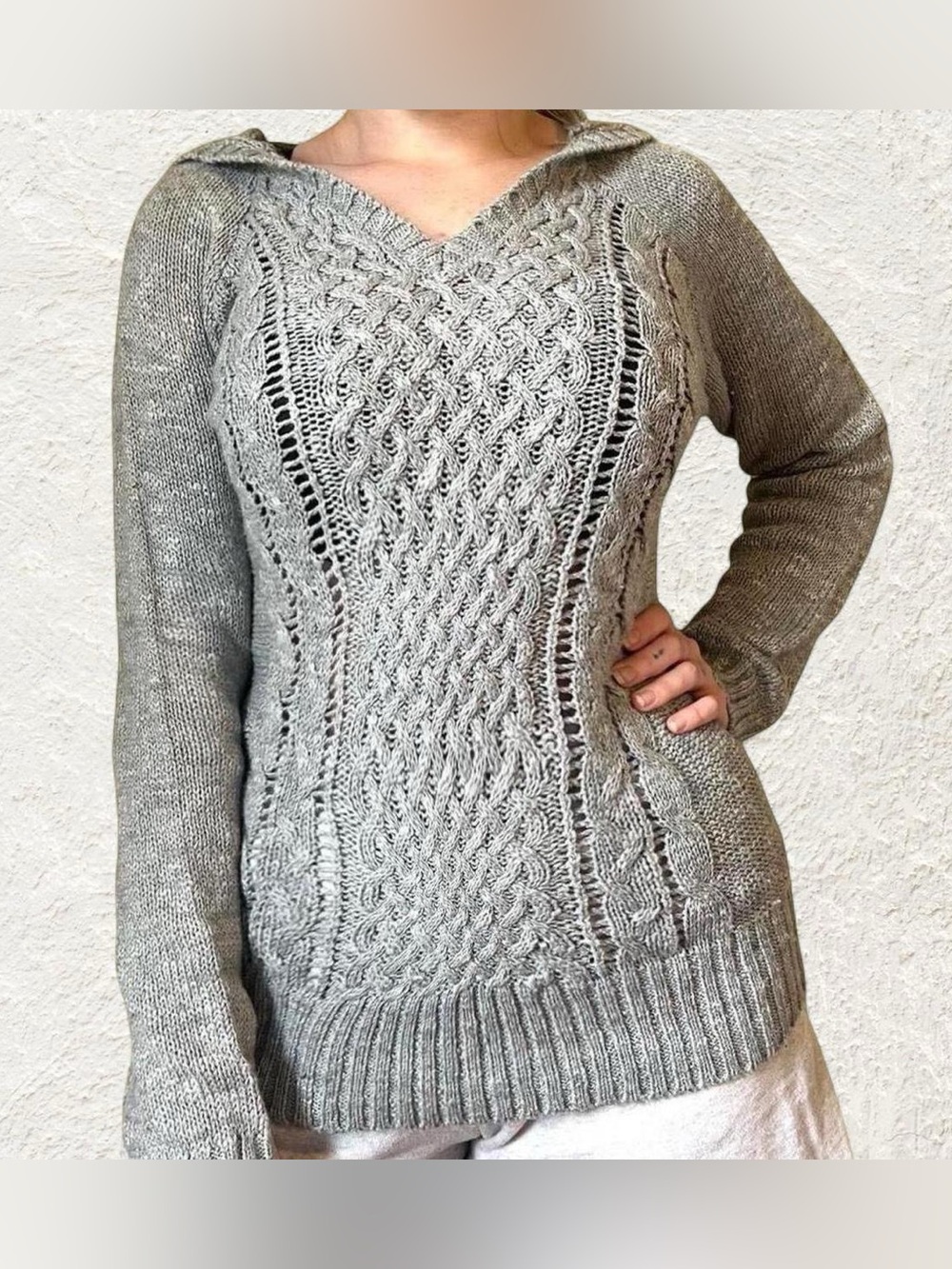 Gray Cable Knit Hooded Women's Sweater